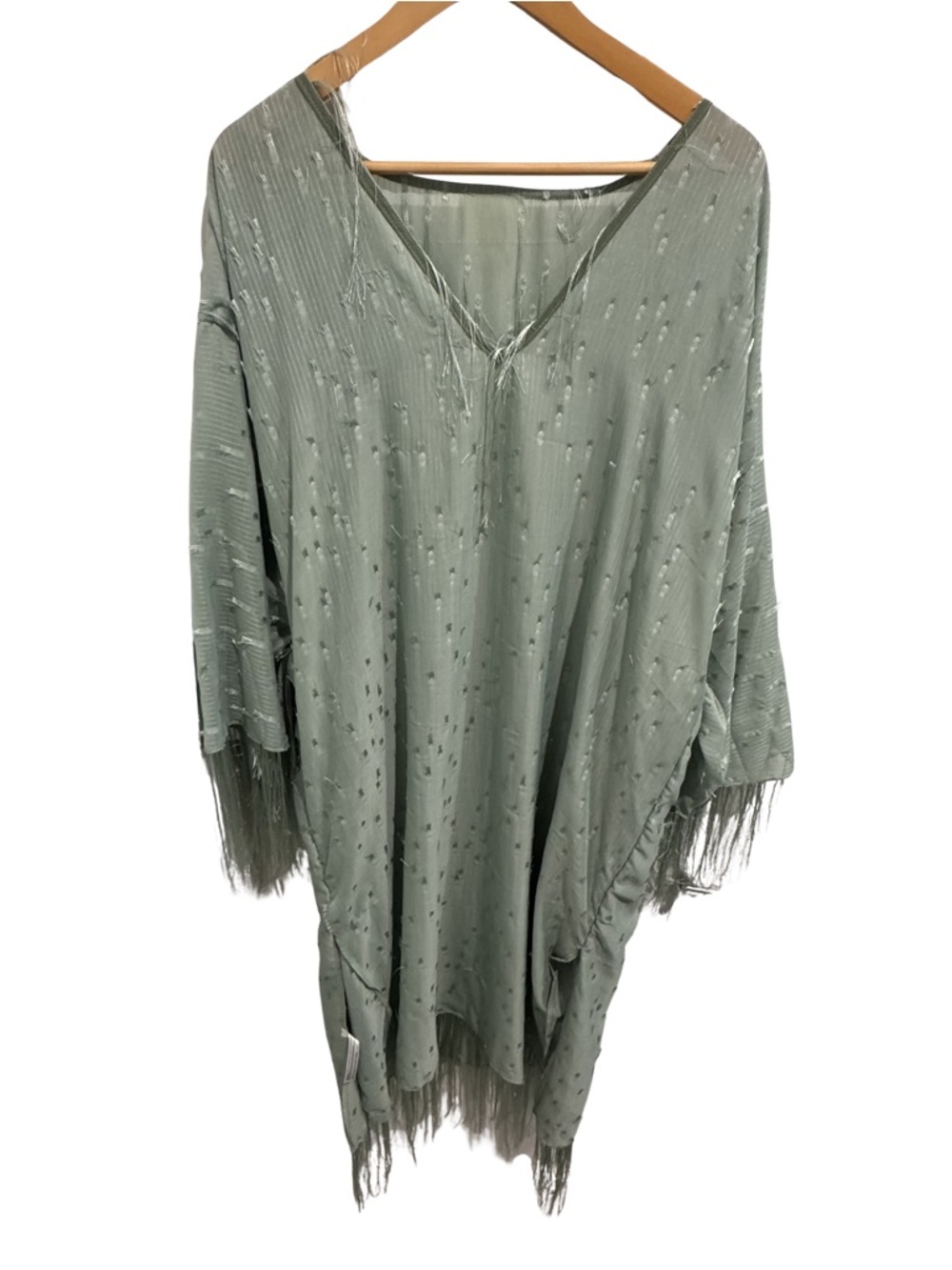 Anthropologie Maeve Fringed Shine Kaftan Sage Green Metallic Fringe Cover Up OS - Picture 5 of 9